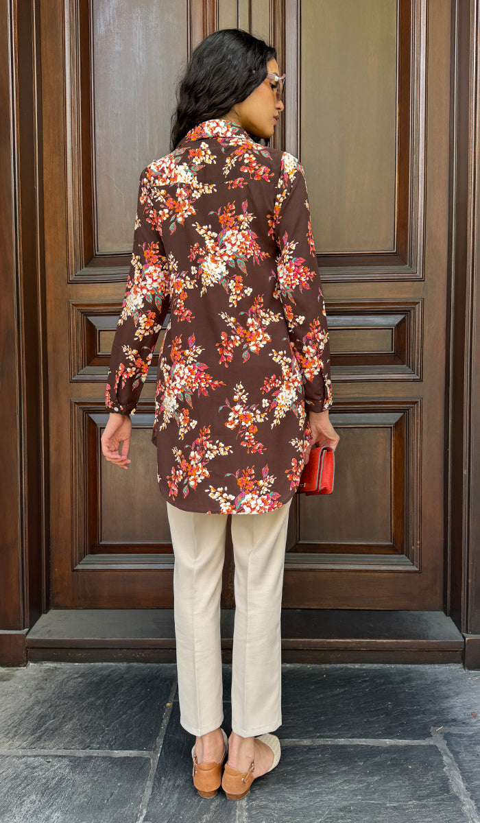 Marwa Brown Floral Print Long Button down Shirt | Modest Fashion