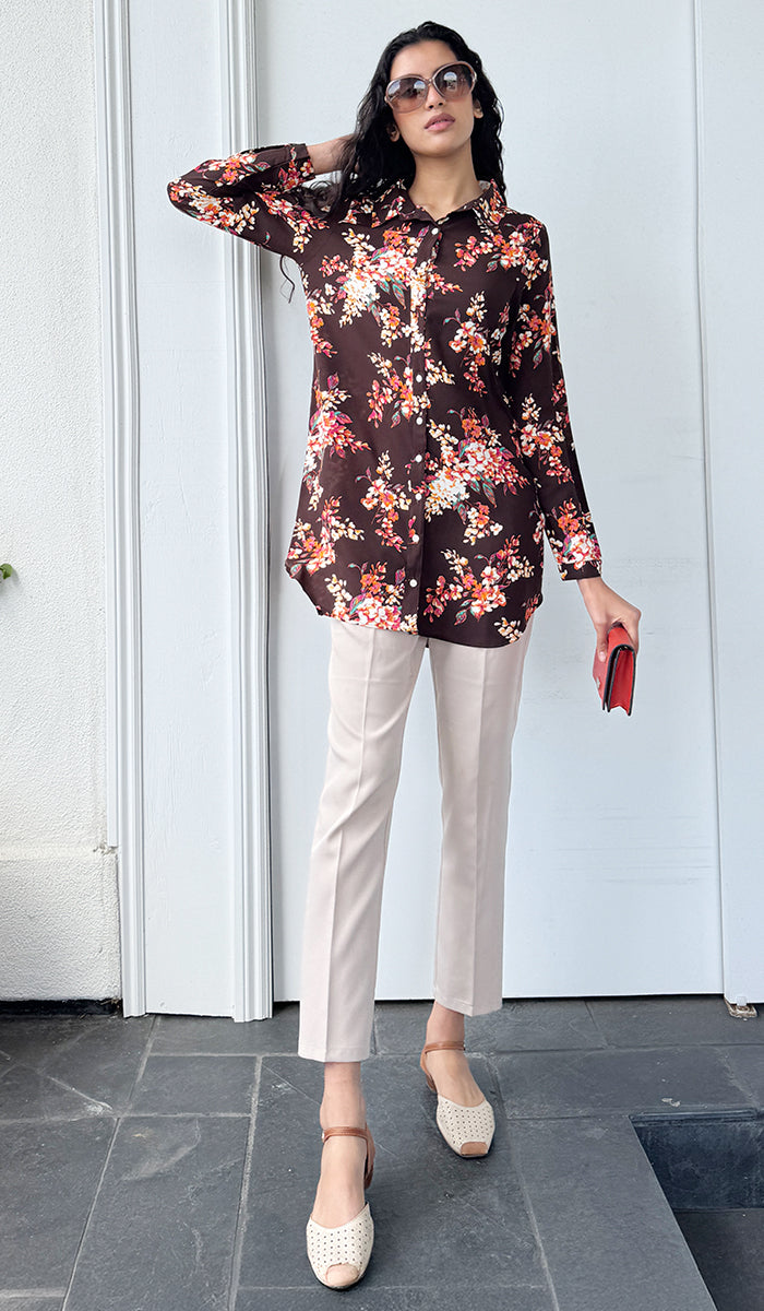 Marwa Floral Print Long Button down Shirt - Chocolate Blossom - PREORDER (ships in 2 weeks)