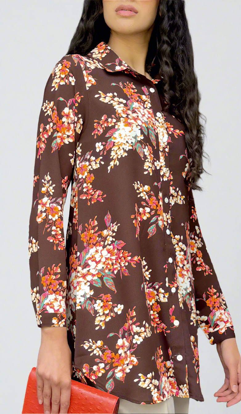 Marwa Floral Print Long Button down Shirt - Chocolate Blossom - PREORDER (ships in 2 weeks)