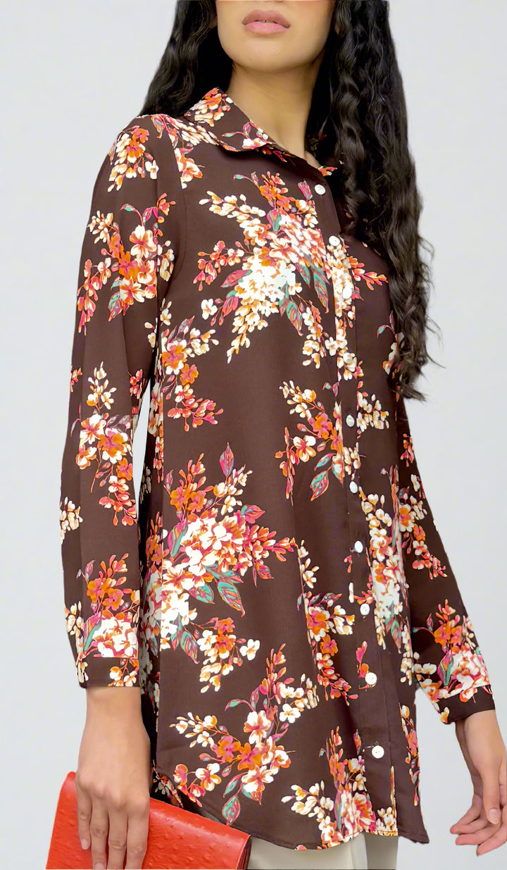 Marwa Floral Print Long Button down Shirt - Chocolate Blossom - PREORDER (ships in 2 weeks)