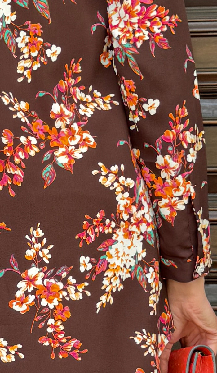 Marwa Brown Floral Print Long Button down Shirt | Modest Fashion