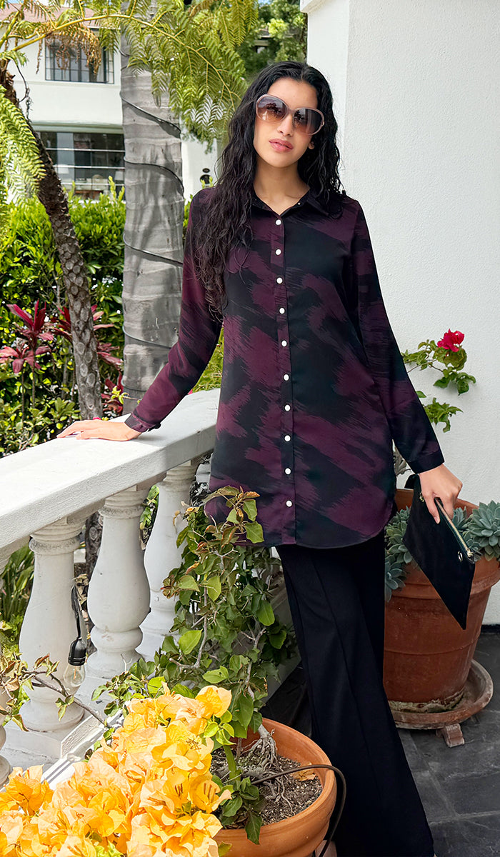 Marwa Abstract Print Long Button down Shirt - Violet/Black
