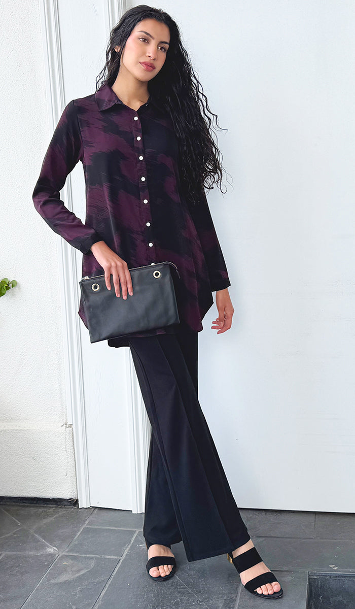 Marwa Abstract Print Long Button down Shirt - Violet/Black