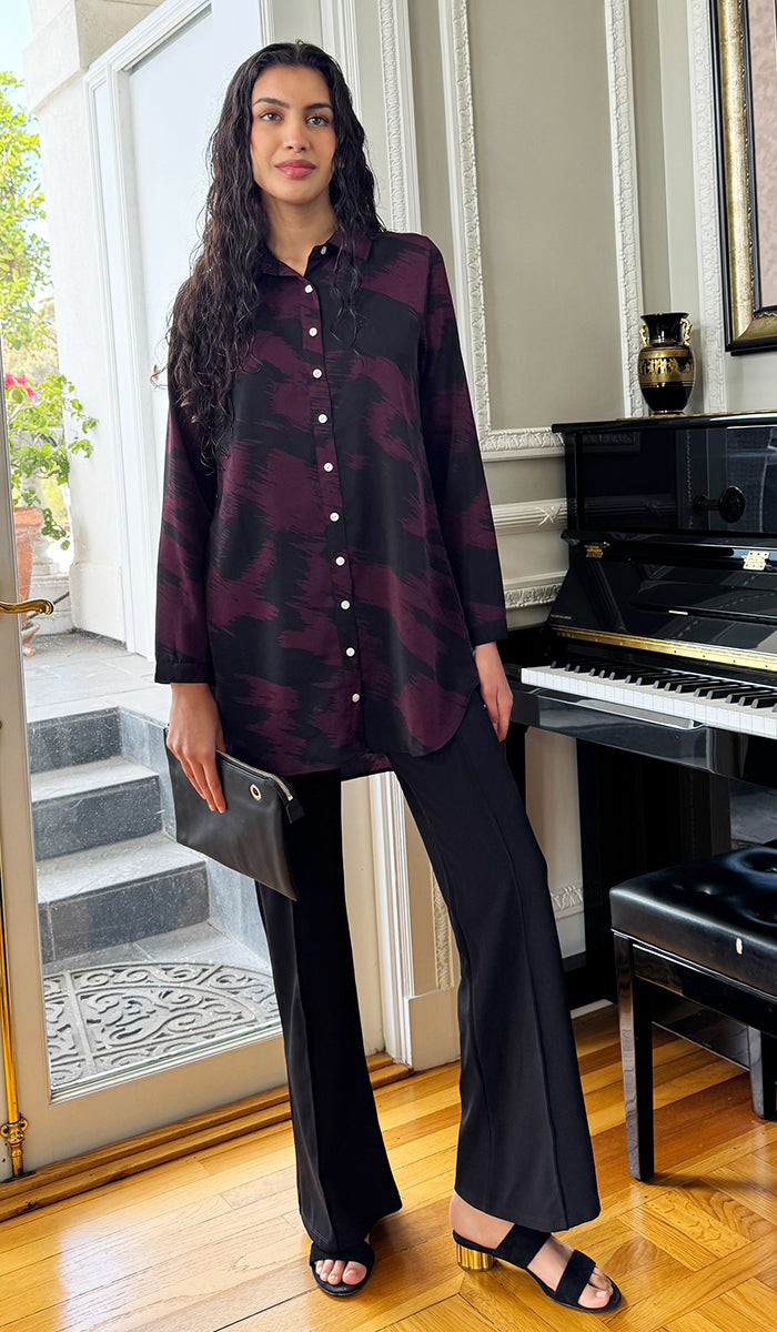 Marwa Abstract Print Long Button down Shirt - Violet/Black