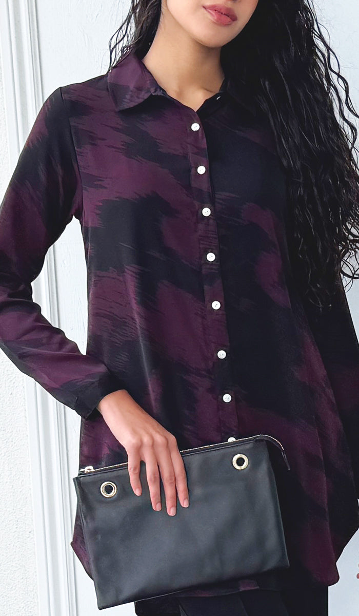 Marwa Abstract Print Long Button down Shirt - Violet/Black