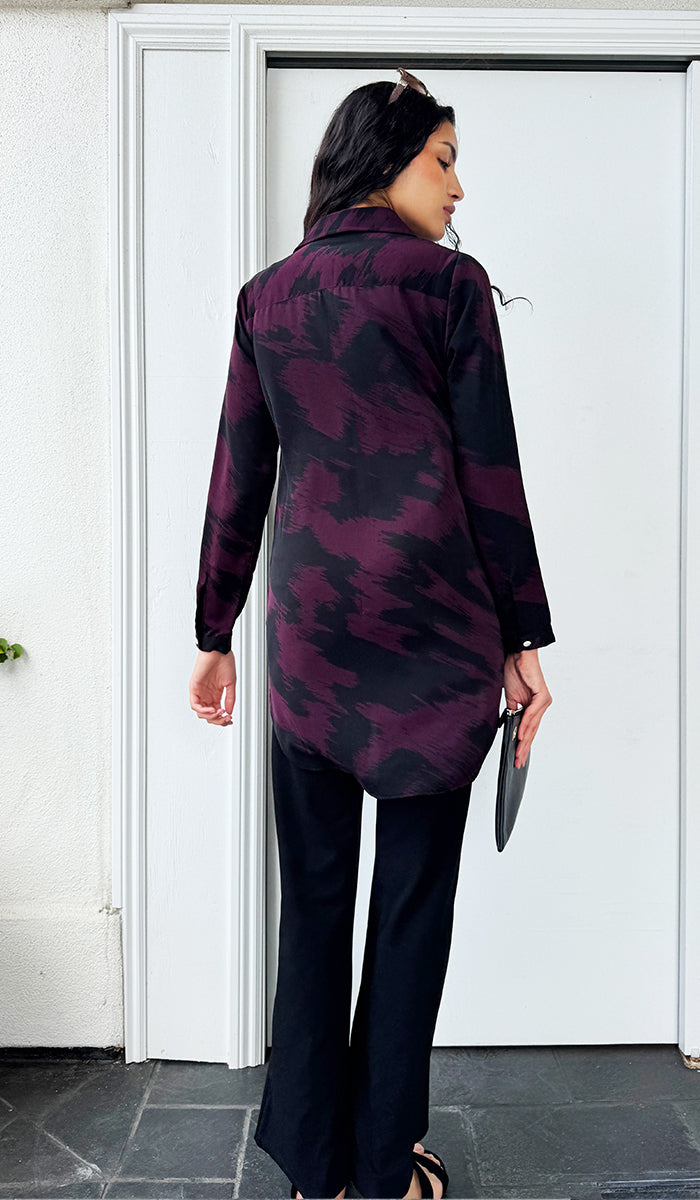 Marwa Abstract Print Long Button down Shirt - Violet/Black