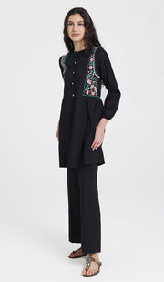 Marzo Embroidered Cotton Modest Buttondown Tunic - Black