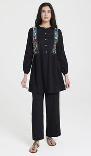 Marzo Embroidered Cotton Modest Buttondown Tunic - Black - PREORDER (ships in 2 weeks)