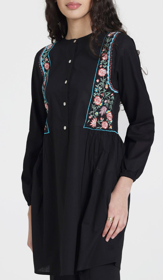 Marzo Embroidered Cotton Modest Buttondown Tunic - Black