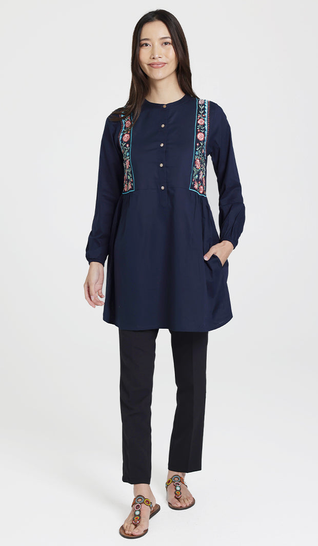 Marzo Embroidered Cotton Modest Buttondown Tunic - Navy - PREORDER (ships in 2 weeks)