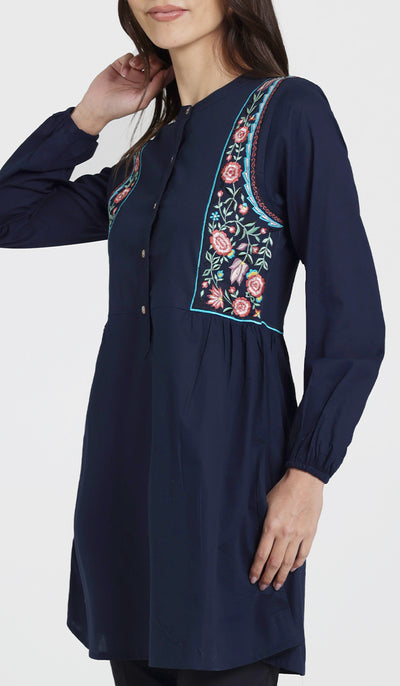 Marzo Embroidered Cotton Modest Buttondown Tunic - Navy - PREORDER (ships in 2 weeks)