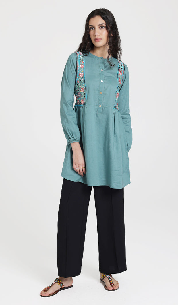 Marzo Embroidered Cotton Modest Buttondown Tunic - Sea green - PREORDER (ships in 2 weeks)