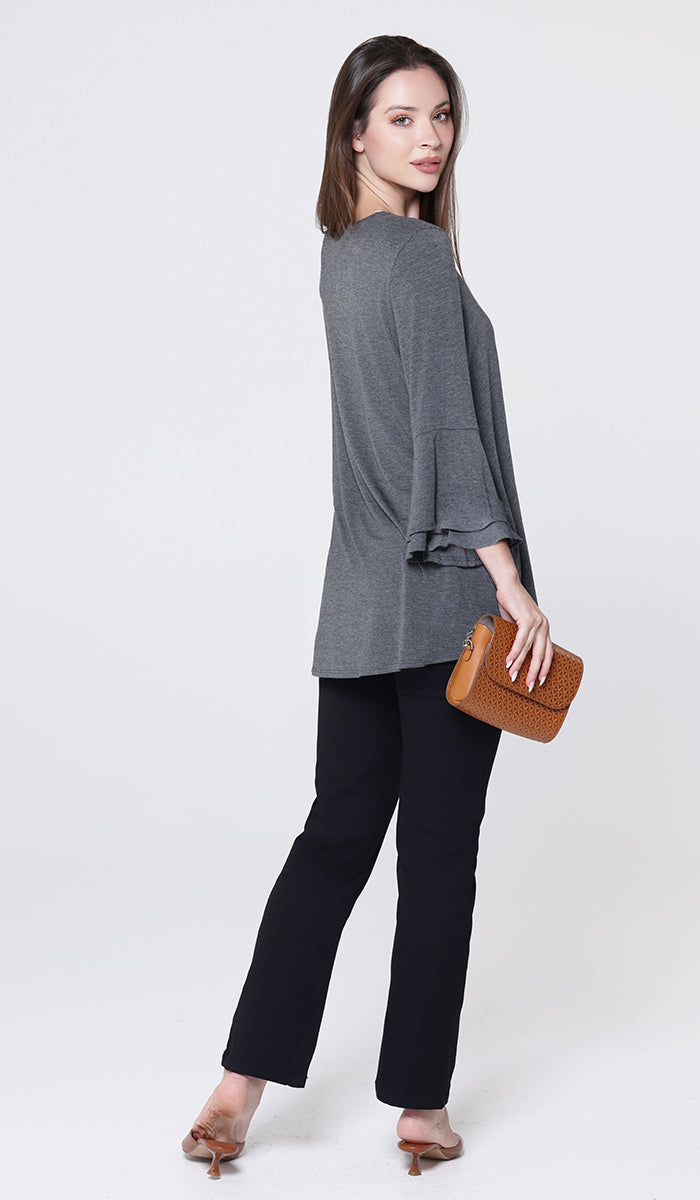 Maysa Soft Stretch Tiered Bell Sleeve Tunic - Charcoal