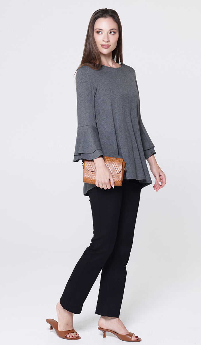 Maysa Soft Stretch Tiered Bell Sleeve Tunic - Charcoal