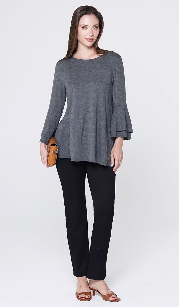 Maysa Soft Stretch Tiered Bell Sleeve Tunic - Charcoal
