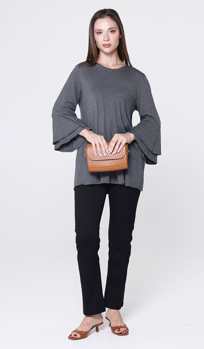 Maysa Soft Stretch Tiered Bell Sleeve Tunic - Charcoal