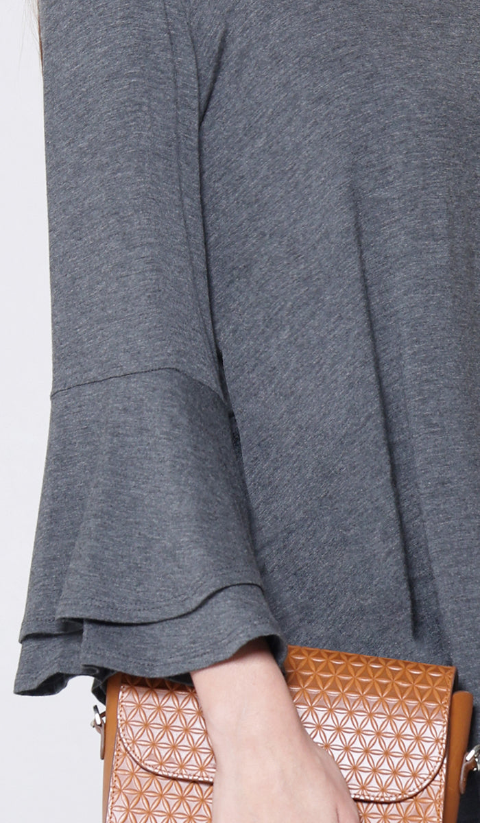 Maysa Soft Stretch Tiered Bell Sleeve Tunic - Charcoal