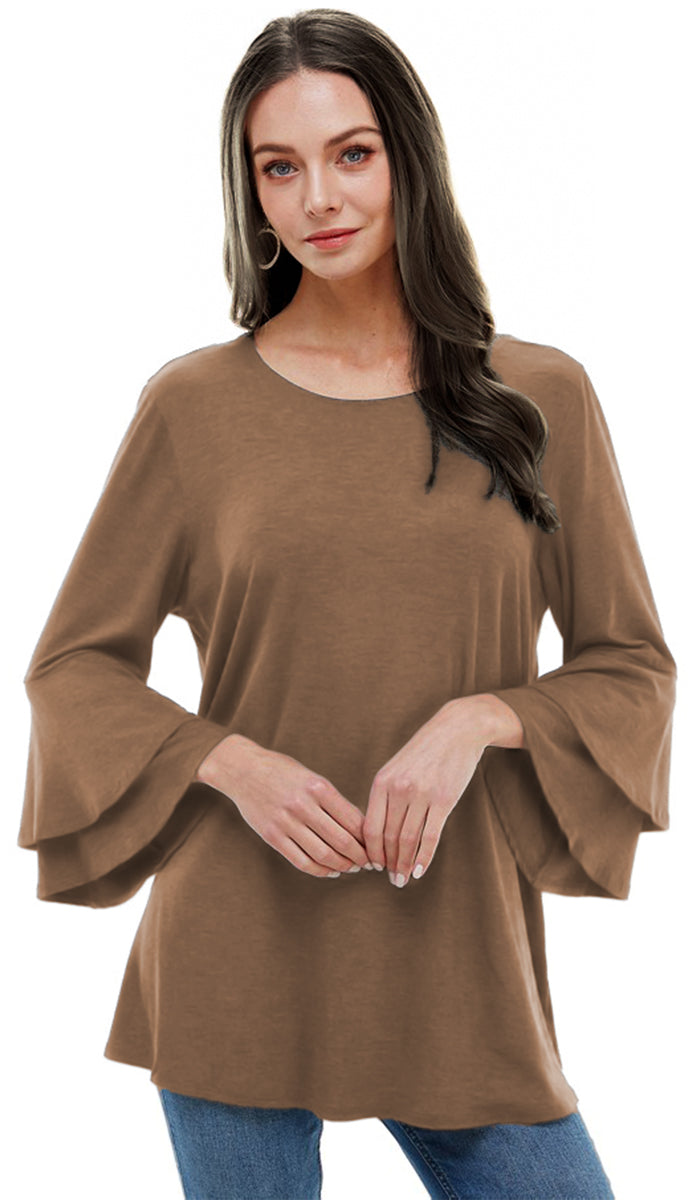 Maysa Soft Stretch Tiered Bell Sleeve Tunic - Coffee