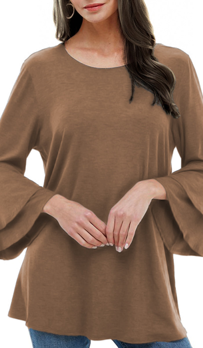 Maysa Soft Stretch Tiered Bell Sleeve Tunic - Coffee