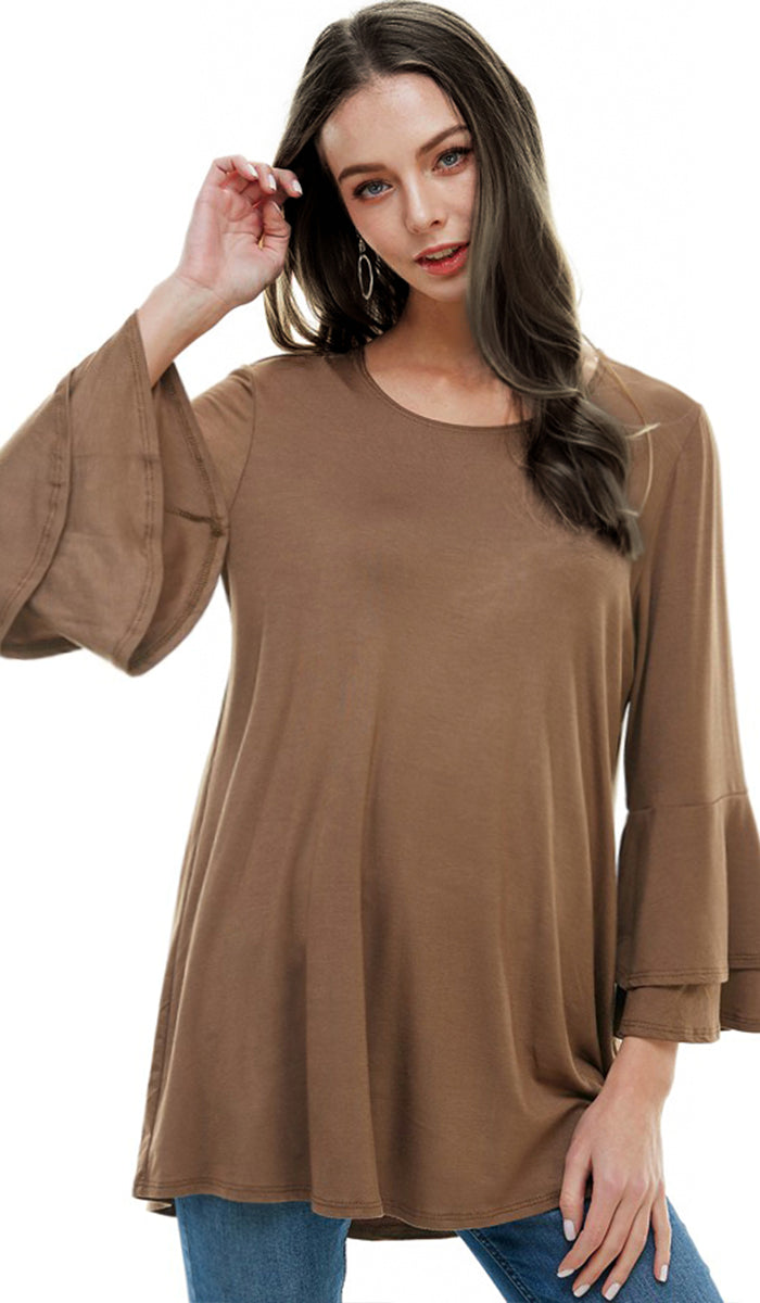 Maysa Soft Stretch Tiered Bell Sleeve Tunic - Coffee