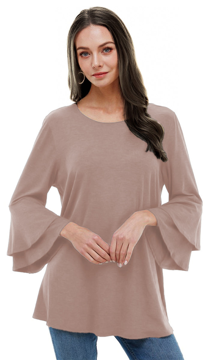 Maysa Soft Stretch Tiered Bell Sleeve Tunic - Mocha