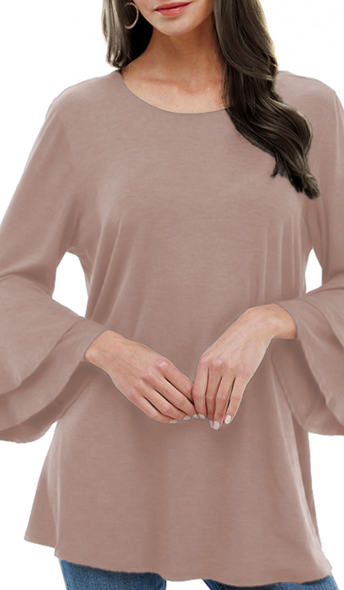 Maysa Soft Stretch Tiered Bell Sleeve Tunic - Mocha
