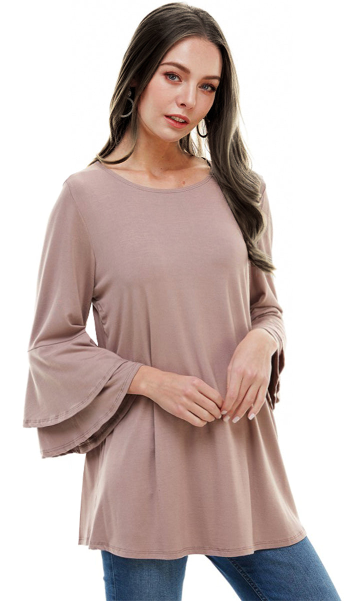 Maysa Soft Stretch Tiered Bell Sleeve Tunic - Mocha