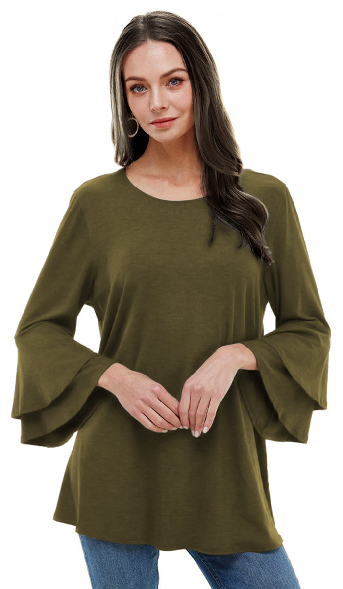 Maysa Soft Stretch Tiered Bell Sleeve Tunic - Olive