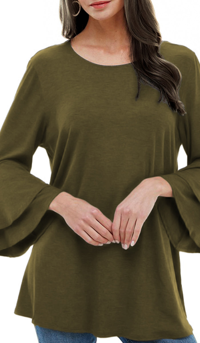 Maysa Soft Stretch Tiered Bell Sleeve Tunic - Olive
