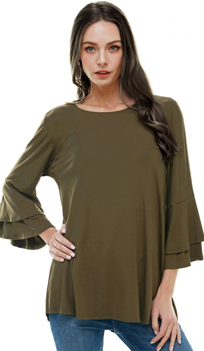 Maysa Soft Stretch Tiered Bell Sleeve Tunic - Olive