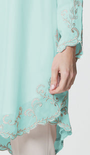 Meena Chiffon Formal Embroidered Long Modest Tunic - Aqua Blue - PREORDER (ships in 2 weeks)