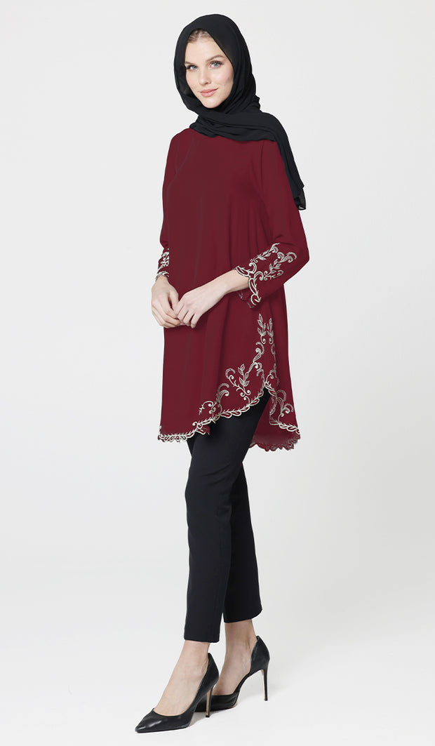 Meena Chiffon Formal Embroidered Long Modest Tunic - Maroon - PREORDER (ships in 2 weeks)