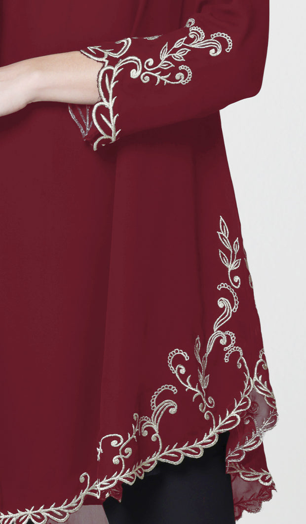 Meena Chiffon Formal Embroidered Long Modest Tunic - Maroon - PREORDER (ships in 2 weeks)