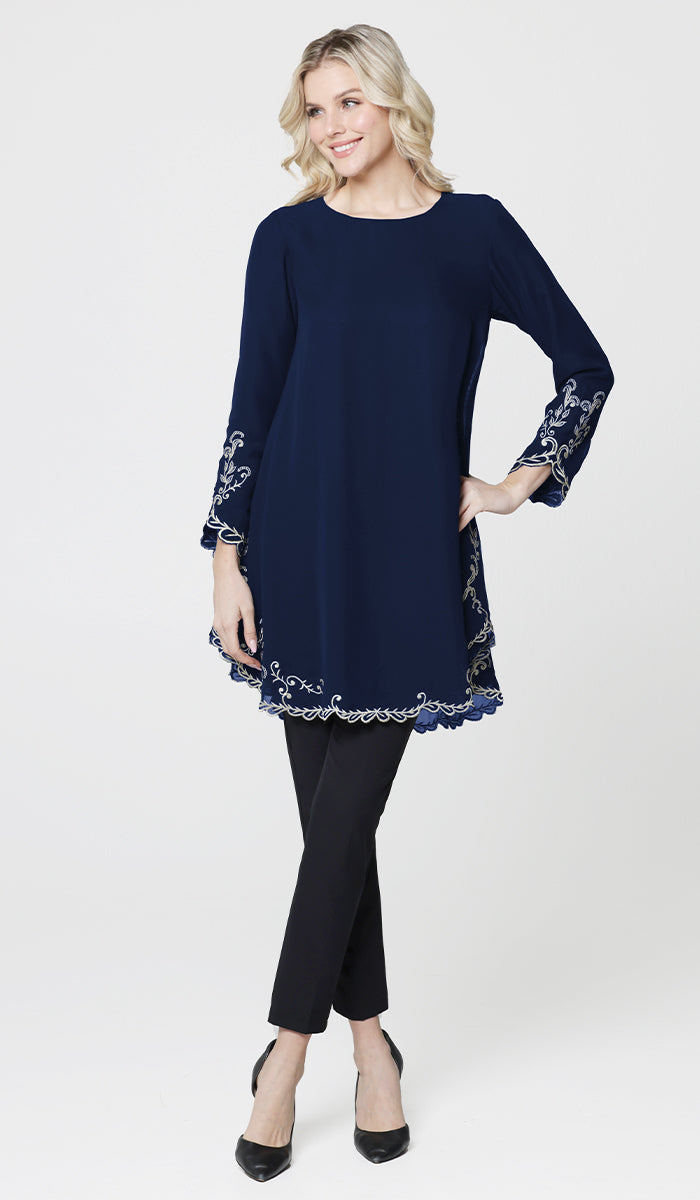 Selena Embroidered Long Modest Tunic - Navy Blue