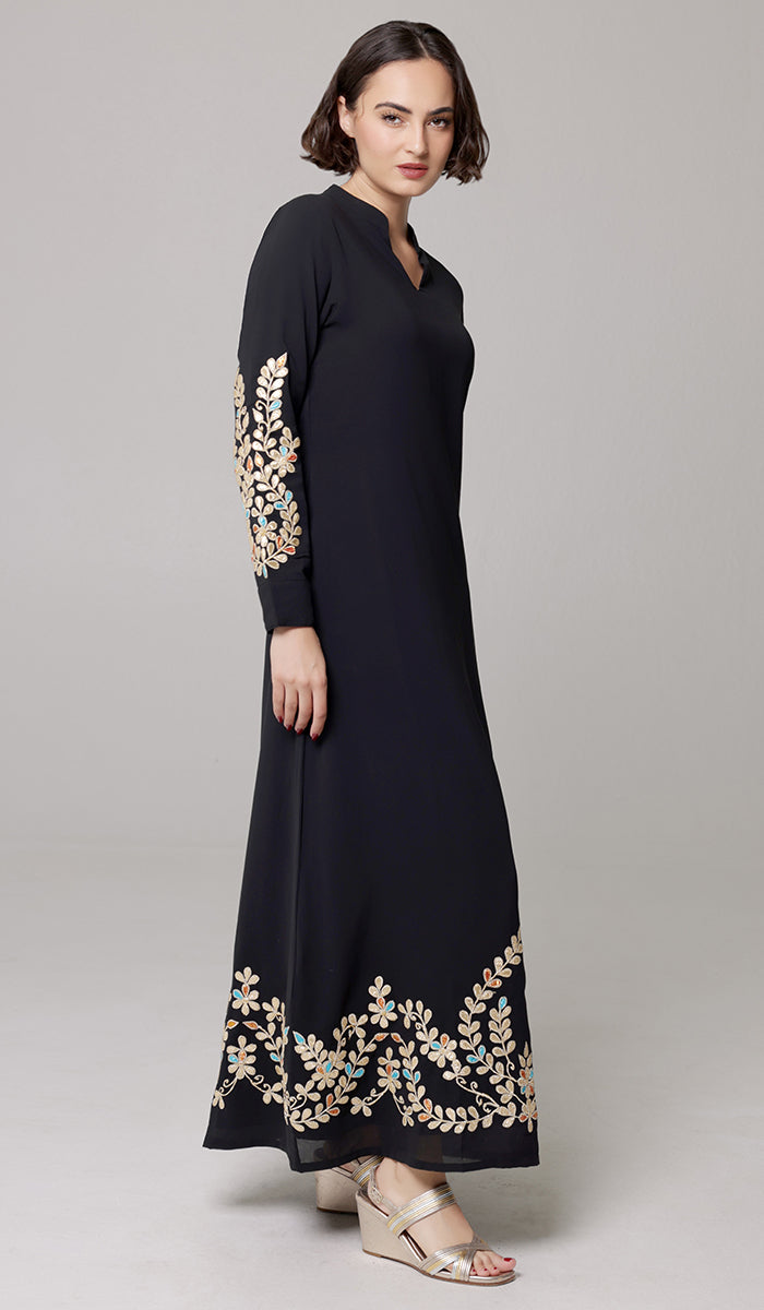 Robe longue longue modeste en mousseline de soie smockée Nadia - Noir