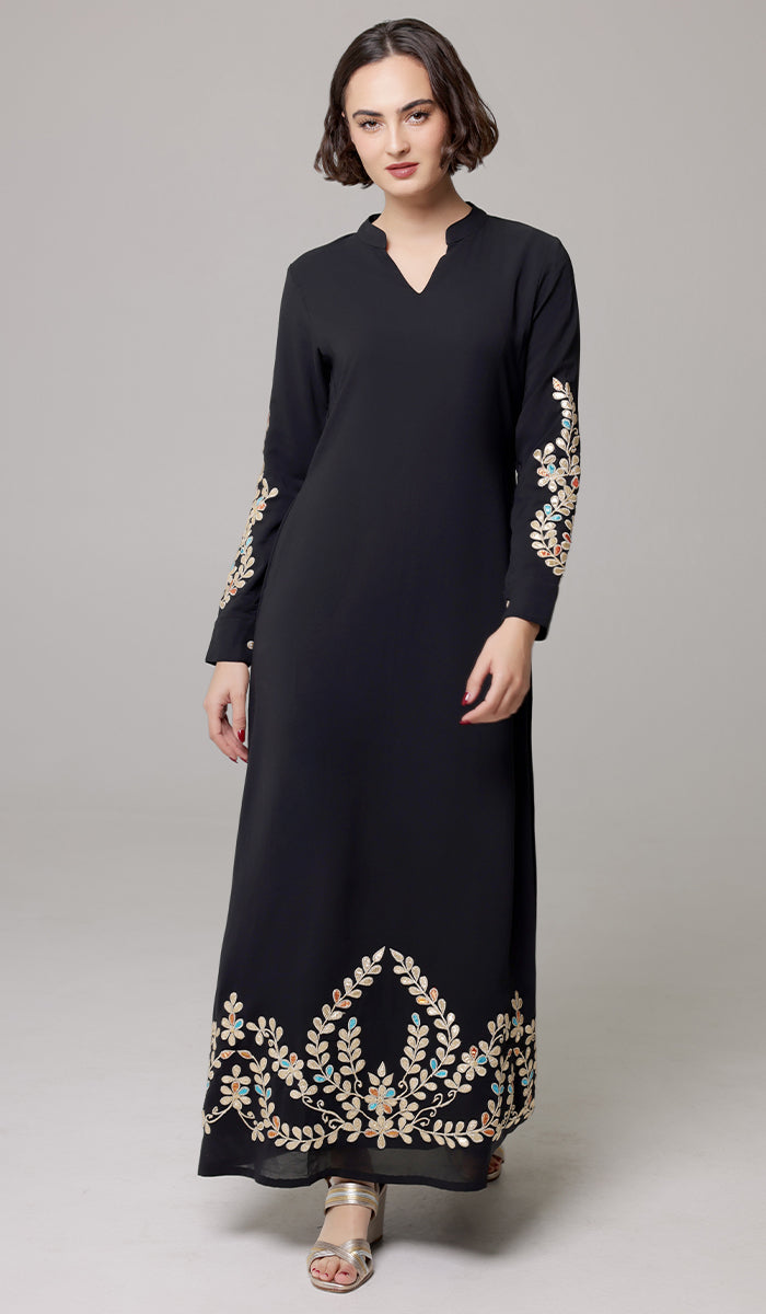Robe longue longue modeste en mousseline de soie smockée Nadia - Noir