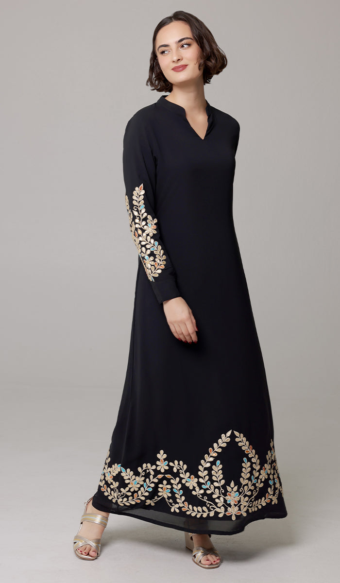 Robe longue longue modeste en mousseline de soie smockée Nadia - Noir