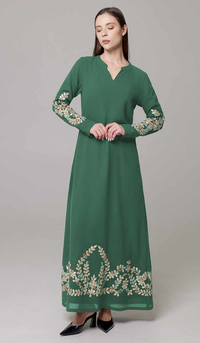 Meraj Gold Embellished Modest Long Maxi Dress - Emerald Green - PREORDER (ships in 2 weeks)
