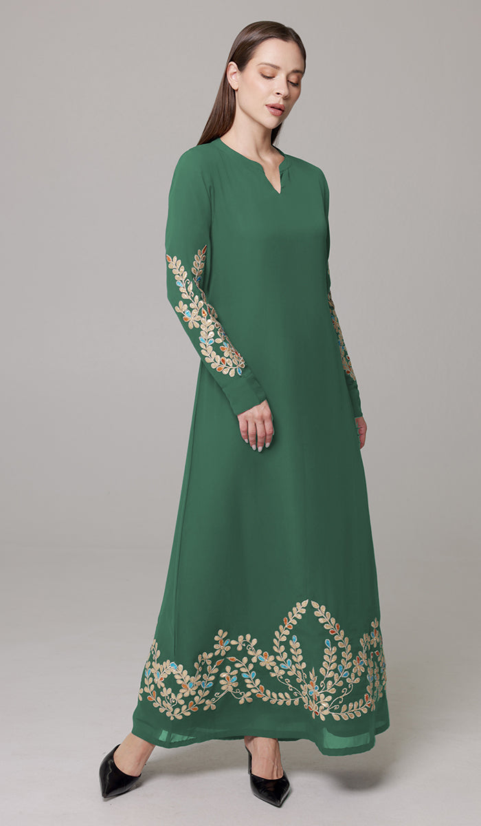 Meraj Gold Embellished Modest Long Maxi Dress - Emerald Green - PREORDER (ships in 2 weeks)