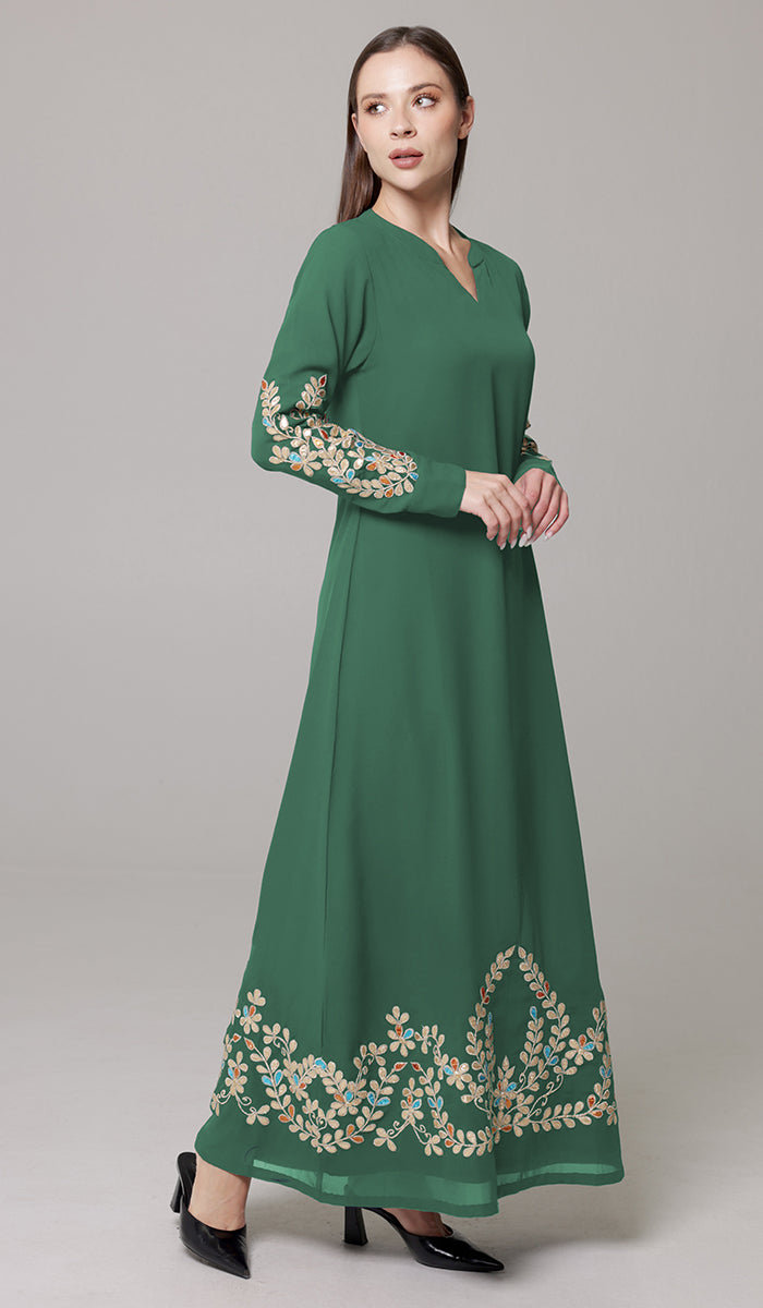 Meraj Gold Embellished Modest Long Maxi Dress - Emerald Green - PREORDER (ships in 2 weeks)