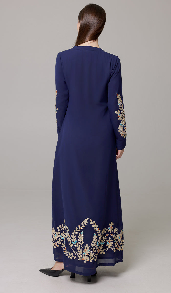 Meraj Gold Embellished Modest Long Maxi Dress - Sapphire