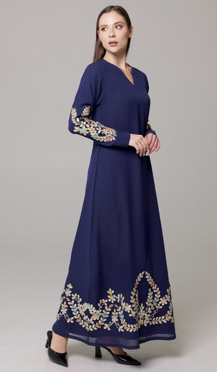 Meraj Blue and Gold Embroidered Formal Modest Long Maxi Dress | Modest Muslim Dresses