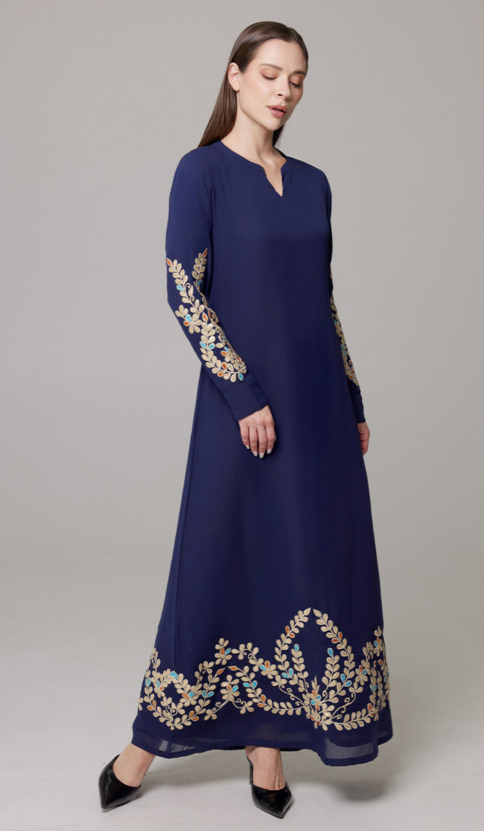 Meraj Gold Embellished Modest Long Maxi Dress - Sapphire