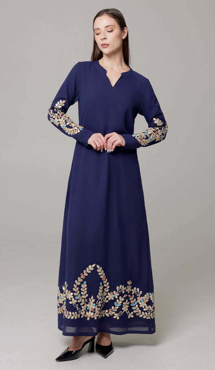 Meraj Gold Embellished Modest Long Maxi Dress - Sapphire