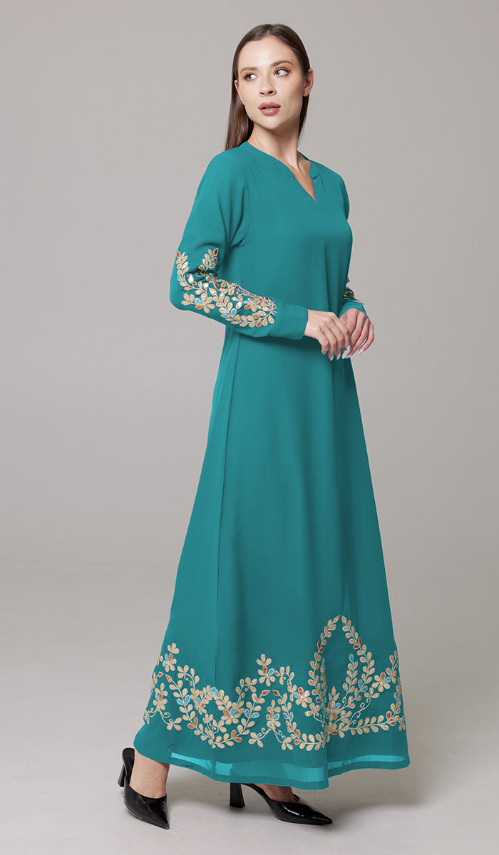 Meraj Gold Embellished Modest Long Maxi Dress - Turquoise - PREORDER (ships in 2 weeks)