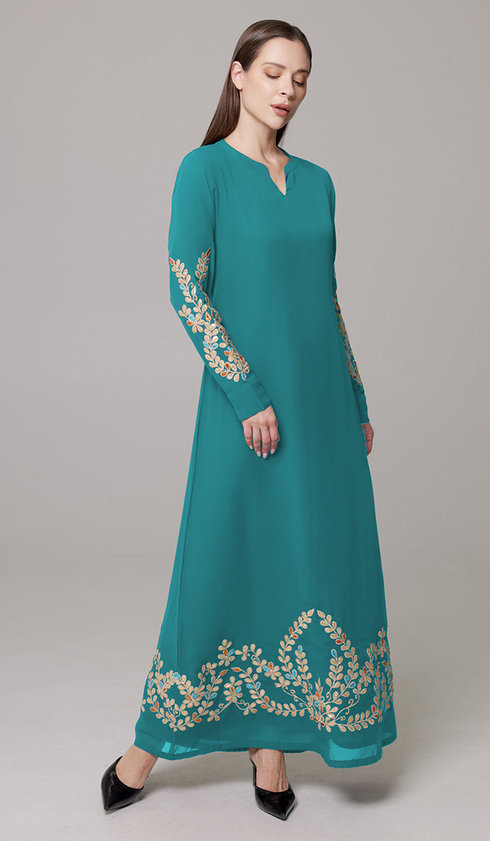 Meraj Gold Embellished Modest Long Maxi Dress - Turquoise - PREORDER (ships in 2 weeks)