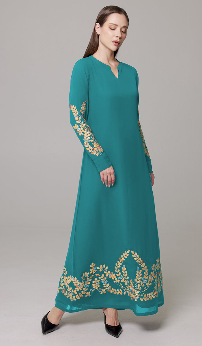 Meraj Turquoise Blue and Gold Embroidered Formal Modest Long Maxi Dress ...