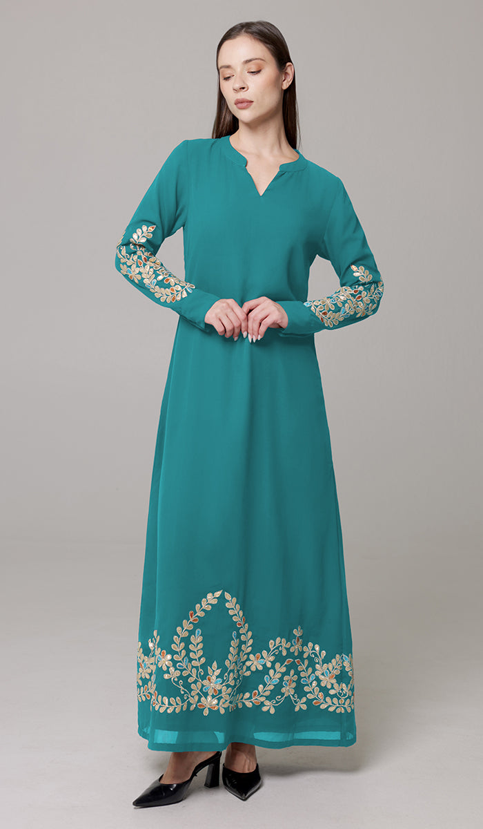 Meraj Gold Embellished Modest Long Maxi Dress - Turquoise - PREORDER (ships in 2 weeks)