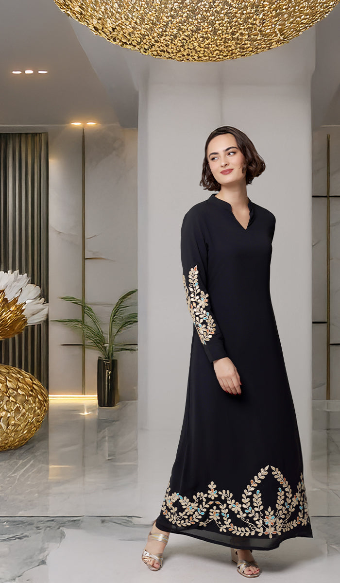 Robe longue longue modeste en mousseline de soie smockée Nadia - Noir
