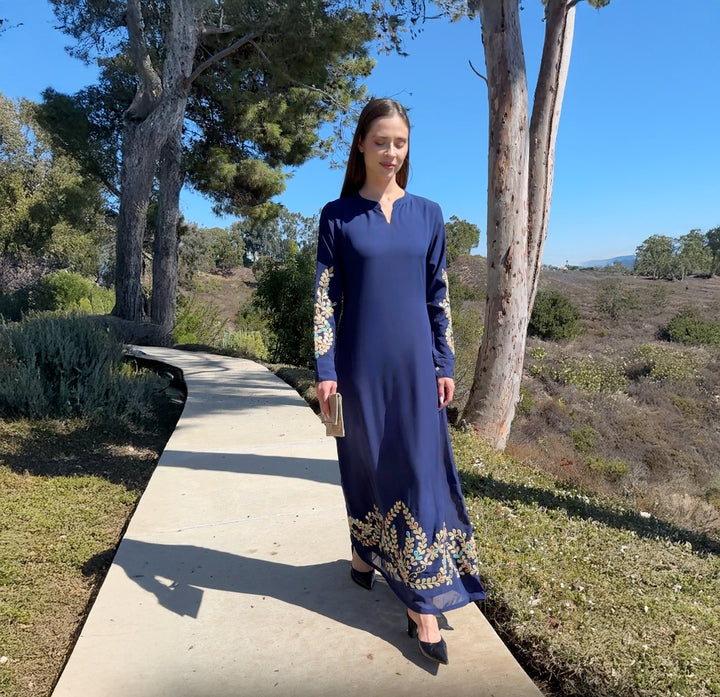 Meraj Gold Embellished Modest Long Maxi Dress - Sapphire